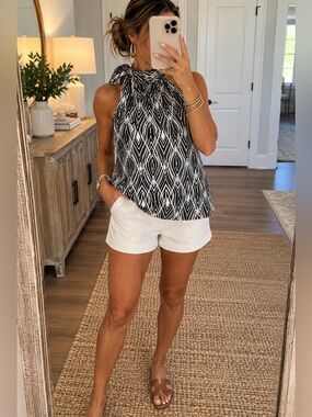 🖤 LOFT Black & White Geometric Halter Top with Bow Neck – Size Small